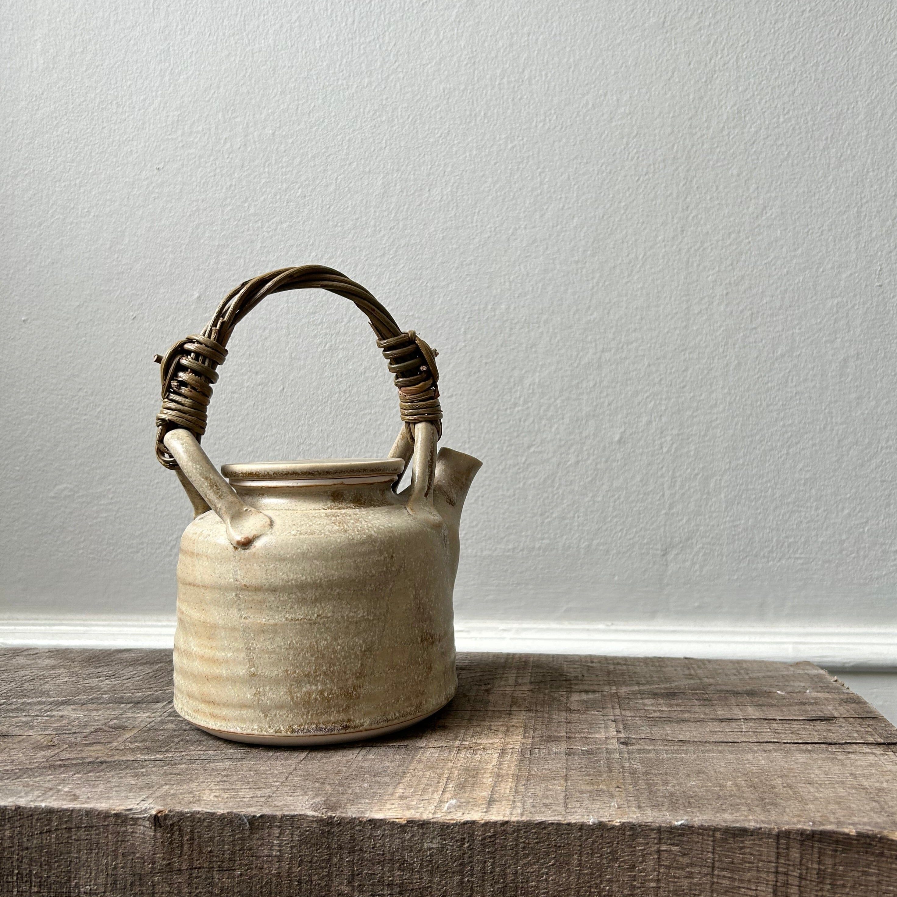 Cute Stoneware Teapot with Wicker Handle - Small Wheel-thrown