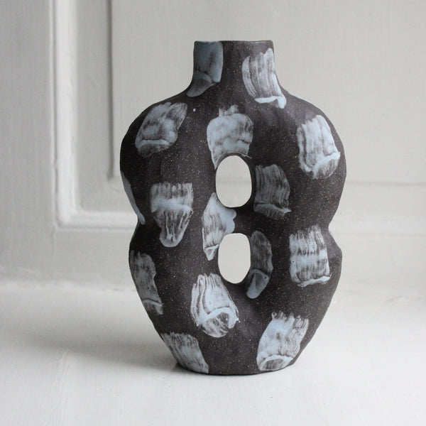 Black Vase with two holes and blue decoration, Malwina Kleparska - 