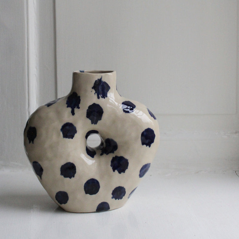 Bone White Vase with one hole, a neck and cobalt splashes, Malwina Kleparska - 